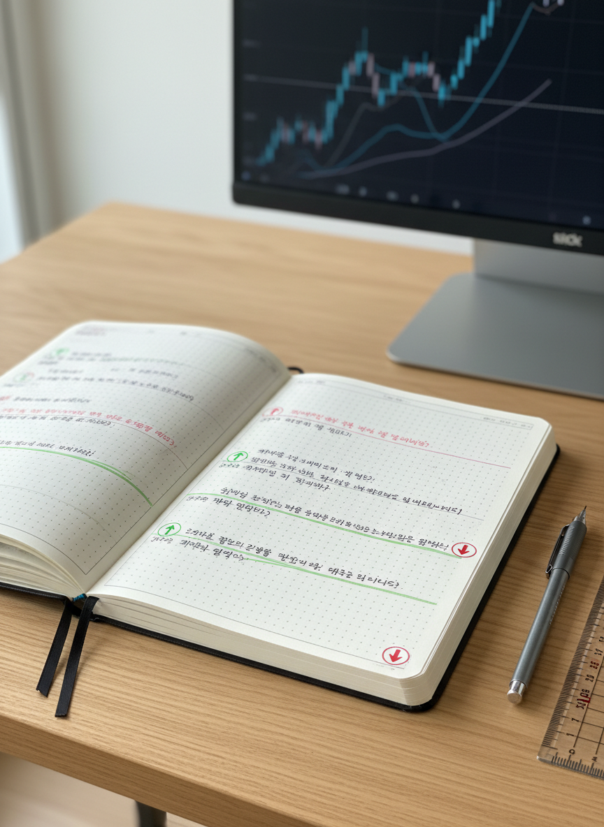 A close-up of an open bullet journal on a light oak table, each page ruled with fine gray dots and filled with tidy handwritten trading logs, dates, and concise reflections in Korean. Color-coded highlighters mark entries in green and red, and small stickers of upward and downward arrows accent key trades. Beside the journal lies a slim graphite mechanical pencil and a transparent ruler. The background shows a softly blurred monitor with minimalist stock chart lines. Illuminated by diffused overcast daylight from an unseen window, the scene feels analytical yet approachable. Photographic, clean and modern composition, shot at eye level with a shallow depth of field to draw attention to the details of the investment diary.