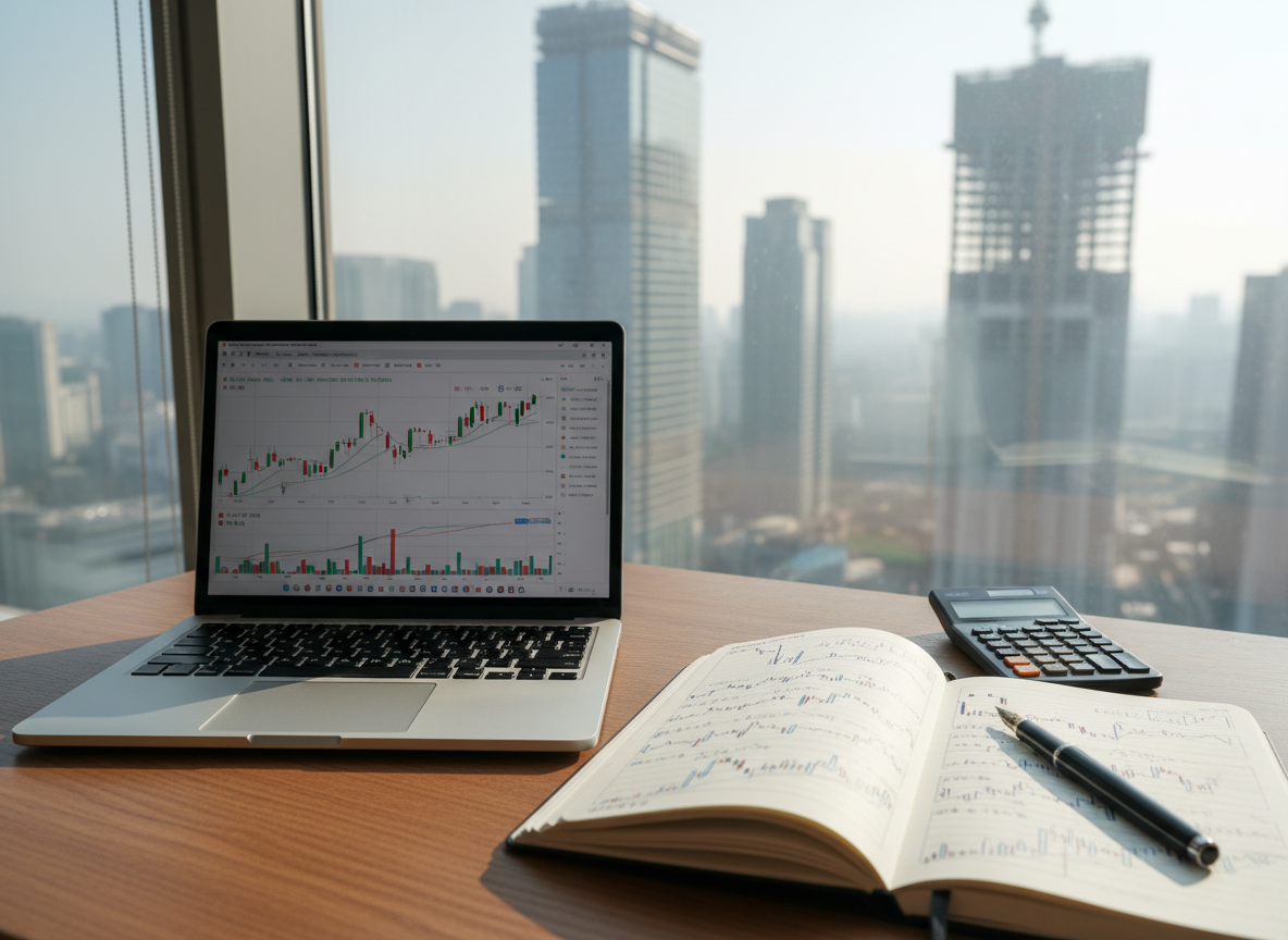 A neatly arranged wooden desk with a slim silver laptop open to a clean stock chart interface, next to a hardcover notebook filled with neatly written Korean notes and small hand-drawn candlestick patterns. A black fountain pen rests diagonally across the notebook, and a simple calculator sits beside it. The desk is positioned near a large window in a high-rise, revealing a softly blurred city skyline with a few recognizable financial district buildings. Soft morning sunlight streams in, creating gentle reflections on the laptop’s metallic surface and subtle shadows from the pen. Photographic realism with a professional, calm mood, shot from a slightly elevated angle using shallow depth of field, emphasizing focused, disciplined stock journaling and learning.
