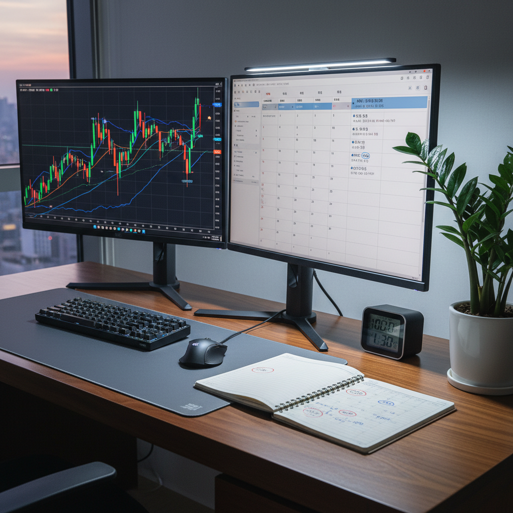 A dual-monitor setup on a dark walnut desk, one screen displaying a clear candlestick chart with moving averages, the other showing a structured note-taking app filled with Korean text for trade reviews and lessons learned. Beside the keyboard lies an open lined notebook with a printed monthly calendar, where certain dates are circled in red and blue ink for key trades and earnings announcements. A small, minimalist desk clock and a potted ZZ plant add balance to the scene. Cool, even LED desk lighting mixes with faint evening city glow from an unseen window, creating a focused, professional atmosphere. Photographic realism, shot from a three-quarter angle with moderate depth of field, conveying systematic learning and daily stock journaling.